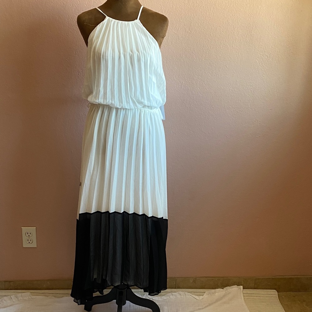 SHELBY & PALMER White Pleated Halter Maxi with Black Hem